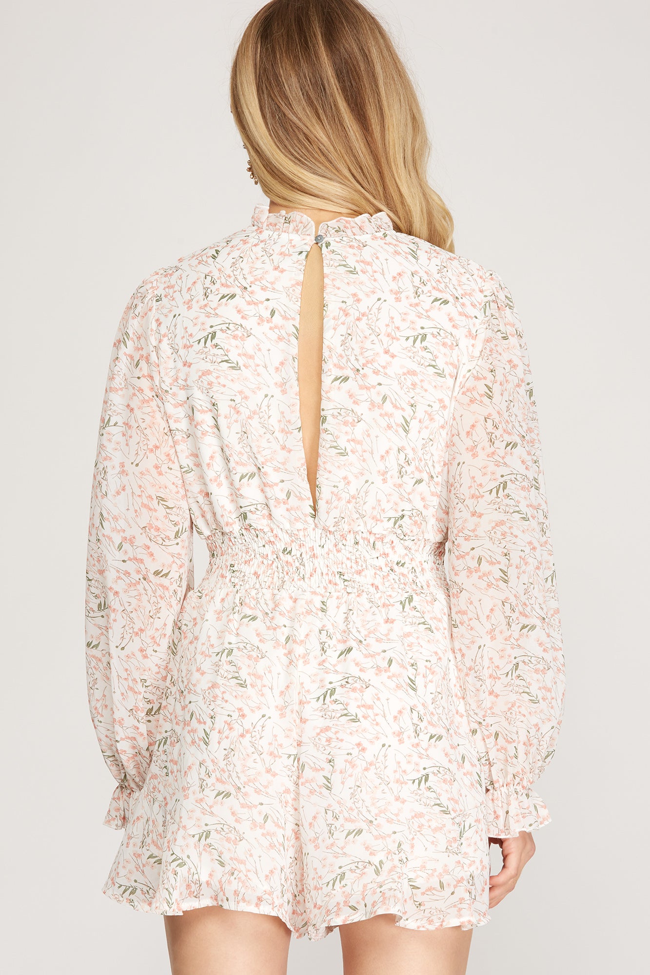 Off White Scarlet Long Sleeve Smocked Waist Woven Printed Romper