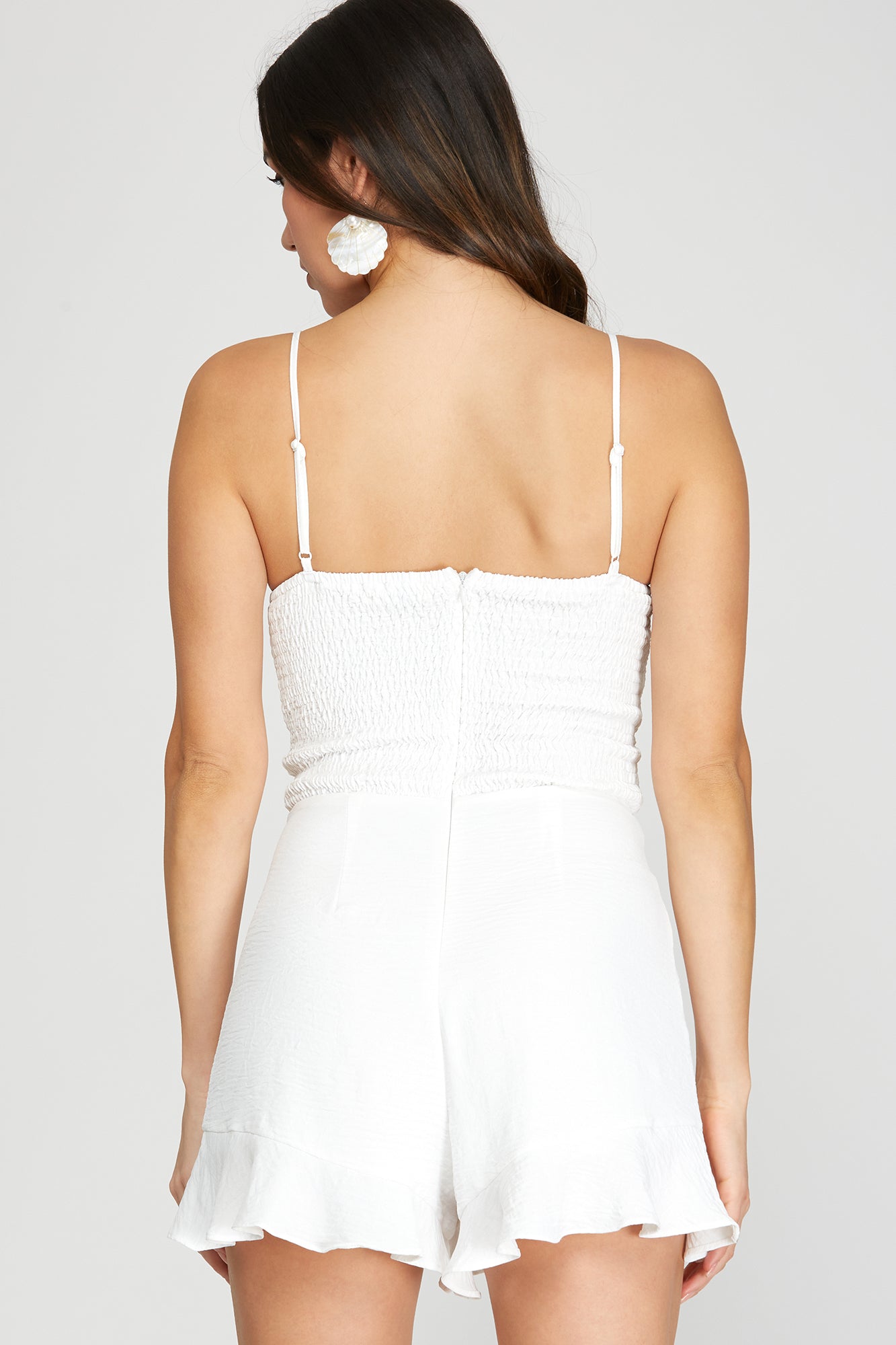 FINAL SALE White Cami Shirred Woven Romper with Smocked Back