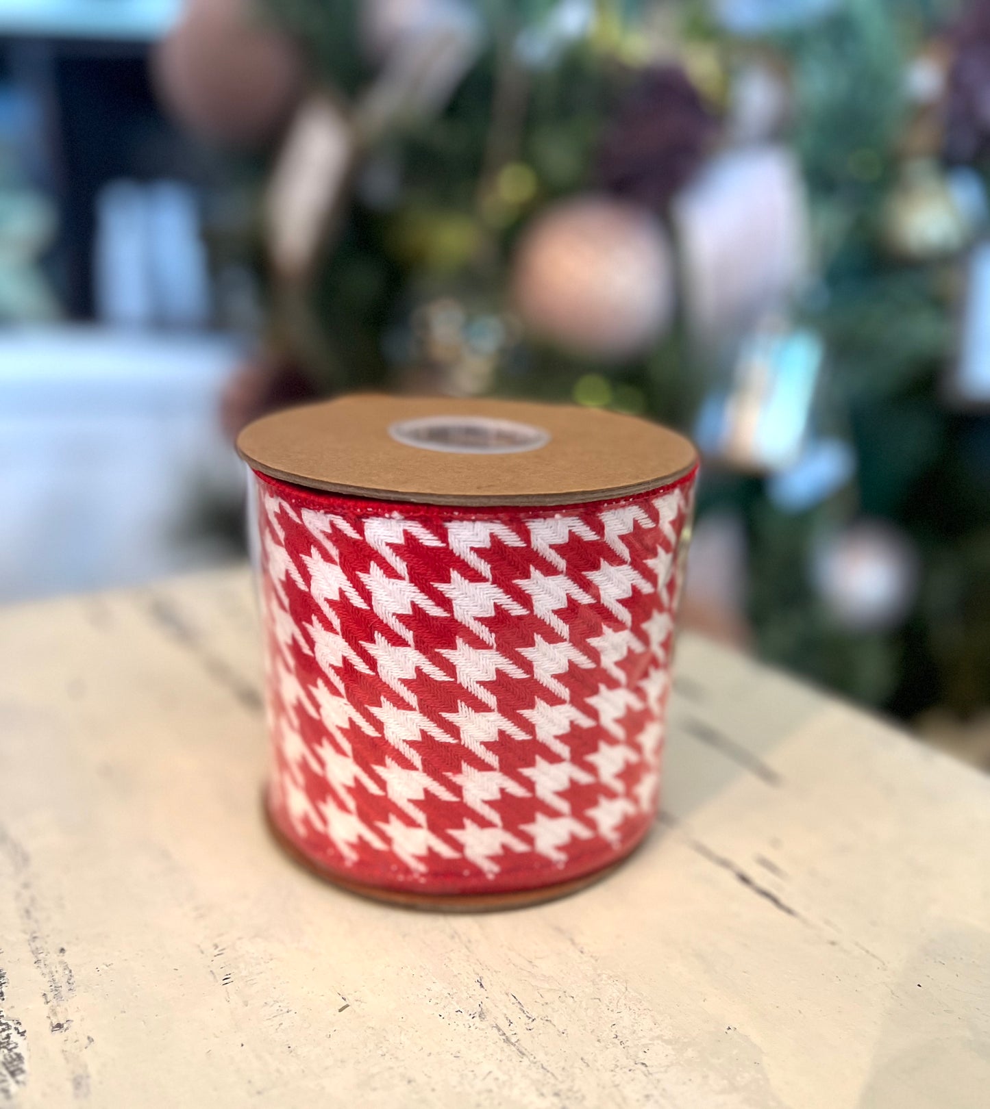 4" Wired Ribbon In Red/White Houndstooth With Double-Fused Red 5 Yard Roll
