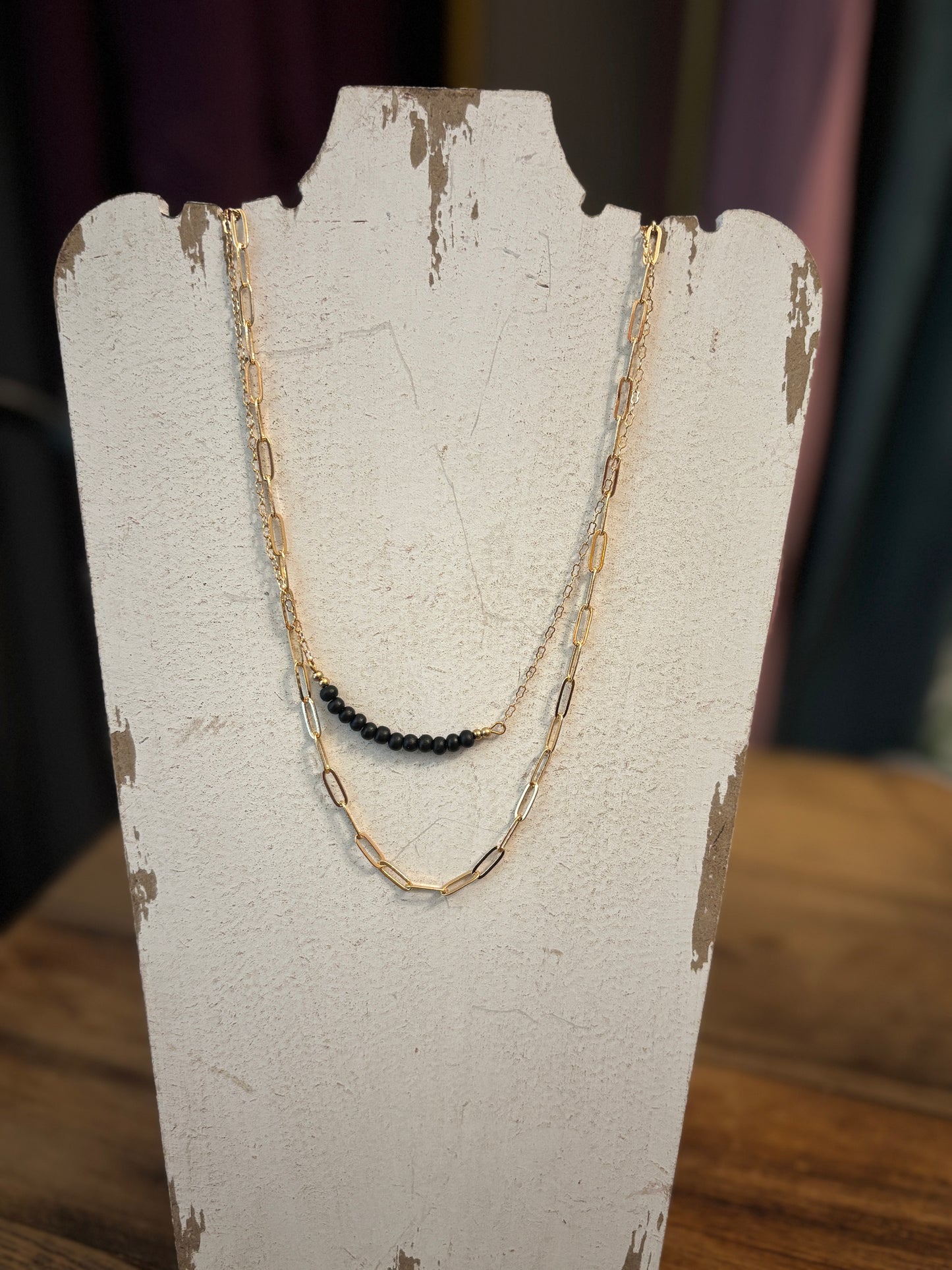 Worn Gold Layering Black Necklace