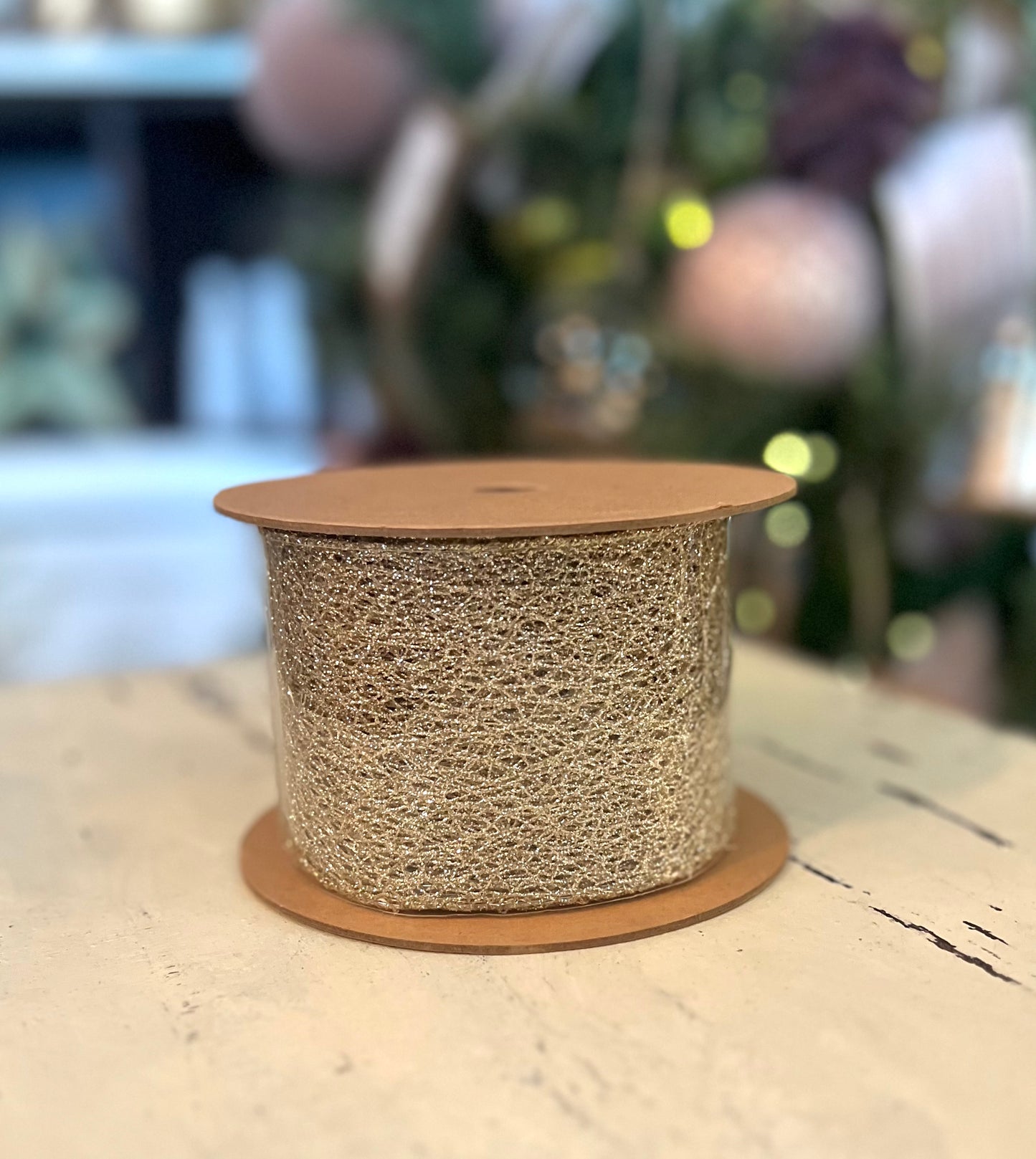 3" Mesh White Gold Wired Ribbon 10 Yard Roll