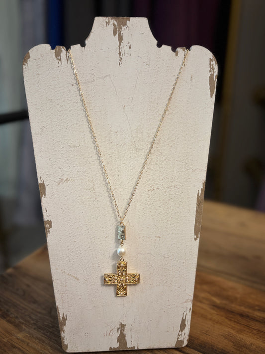 Gold and Pearl Hammered Cross 36" Necklace