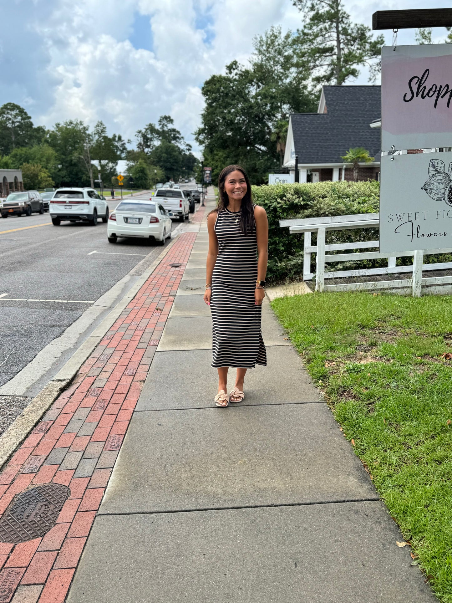 Singing in the Stripes Midi Dress in Black and Tan
