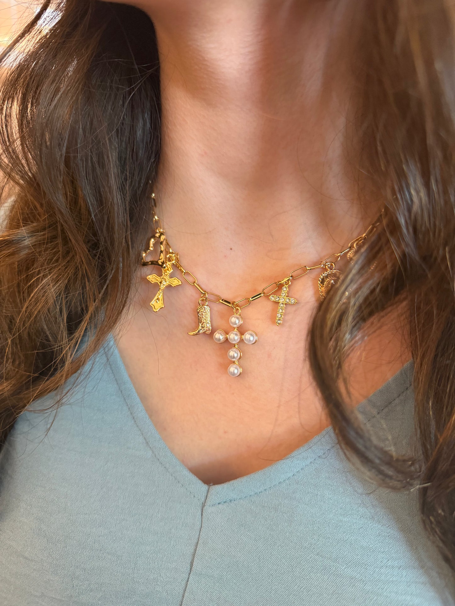 Golden Cowboy and Crosses Necklace