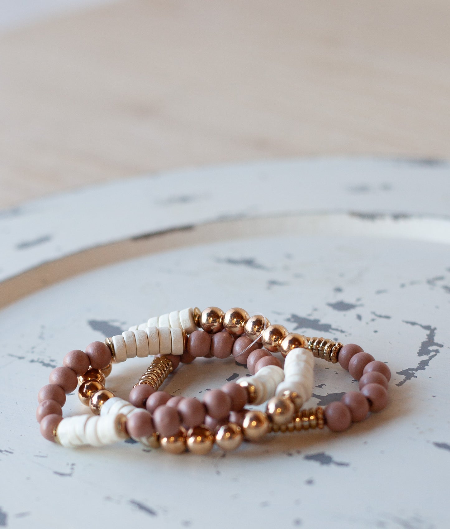 Mauve Wooden Bead Bracelet w Gold Accents - Shoppe3130