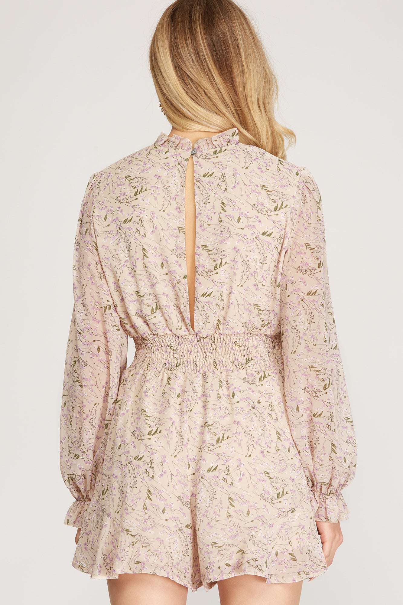 Taupe Scarlet Long Sleeve Smocked Waist Woven Printed Romper