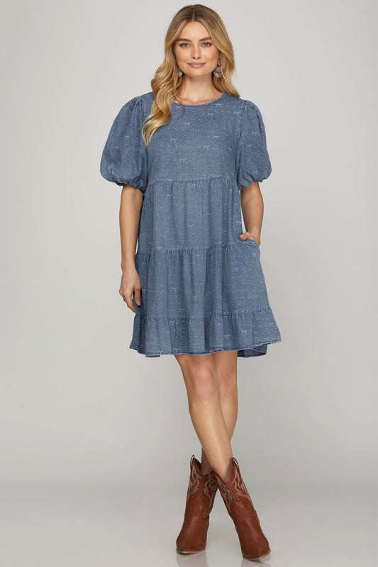 Bailee Balloon Sleeve in Curvy Denim Bow Dress