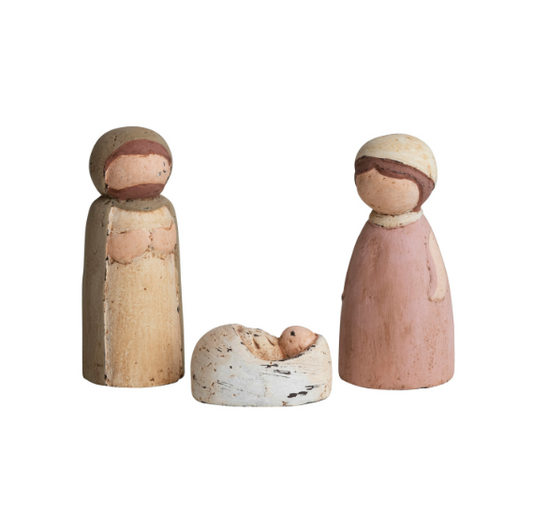 1/2"H - 3-3/4"H Handmade Paper Mache Holy Family, Multi Color, 3 piece