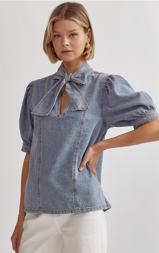 Tried And True Bow Mock Neck Denim Top