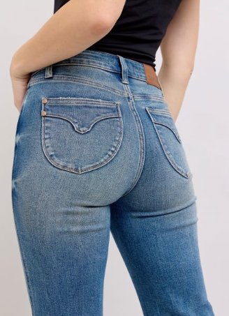 Mid Rise Tummy Control Vintage Wash Back Shield Pockets Wide Leg Judy Blue Denim