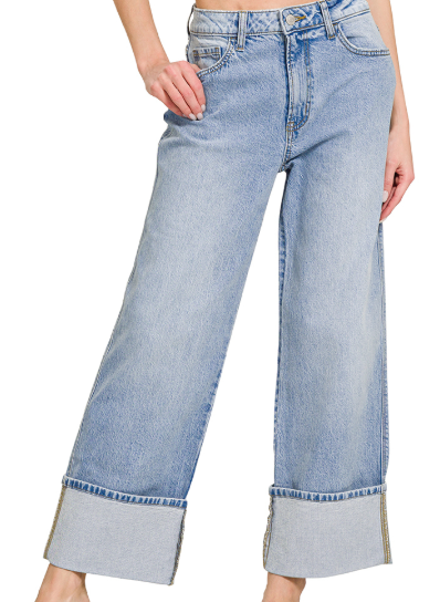 High Rise Cuffed Wide Leg Denim Pants