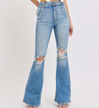 High Rise Super Flare Cello Denim Jeans with Front Scoops