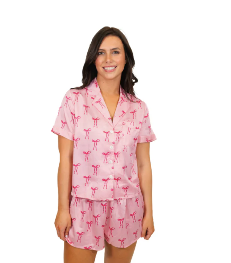 Ladies Tied with a Bow Silky Satin Pajama Short Set - Shoppe3130