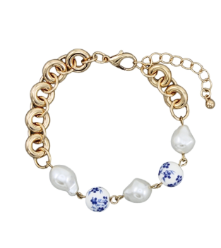 Blue and White Floral and Pearl Bracelet