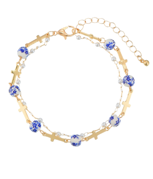 Flower Printed Ball Chain Cross Bracelet