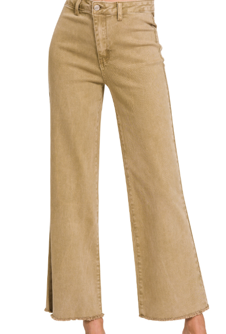 Ava Acid Washed Frayed Hem Straight Wide Leg Denim