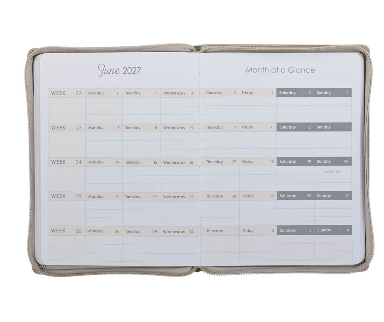 2027 Amazing Grace Large Zippered Taupe Faux Leather 18-Month Planner for Women