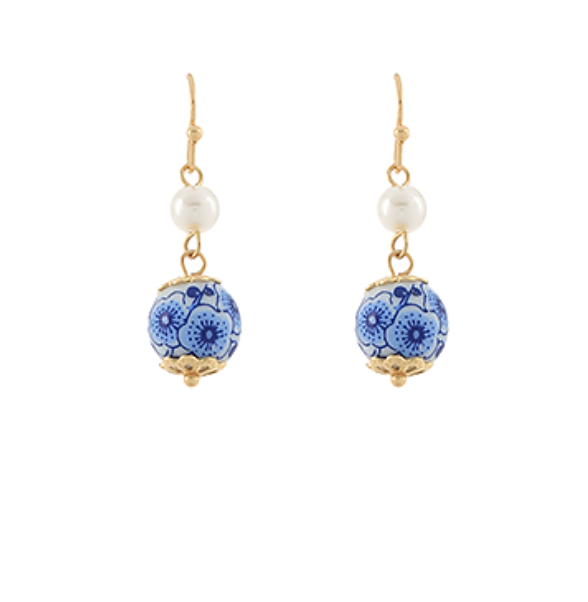 Printed Blue Floral Blue Ball Earrings