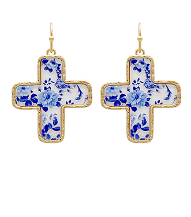Cross Blue Floral Earrings