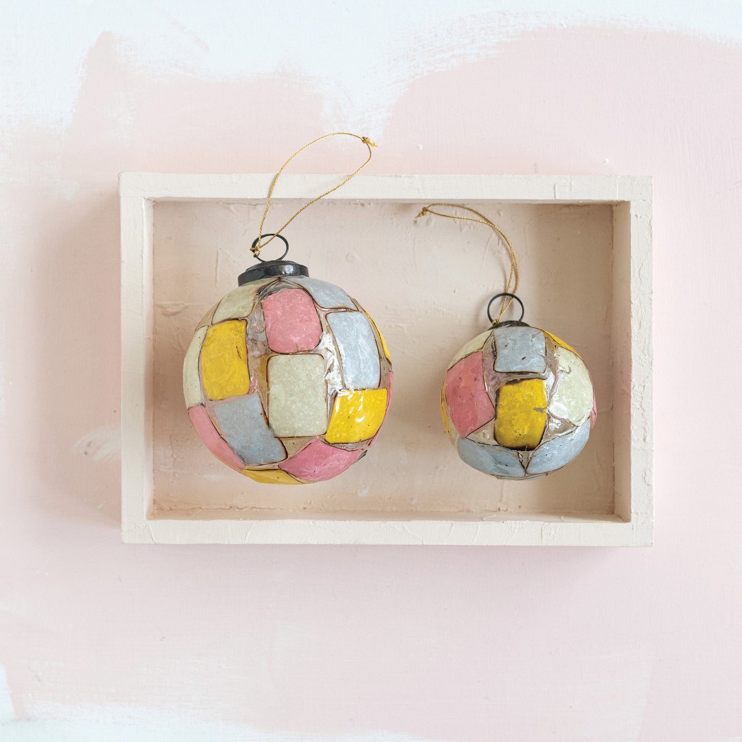 3" Round Embossed Glass Ball Ornament with Torn Paper Collage