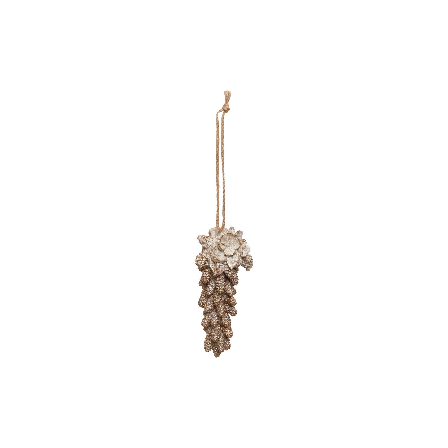 Resin Pinecone Cluster Ornament, Antique Gold Finish, Cream Color