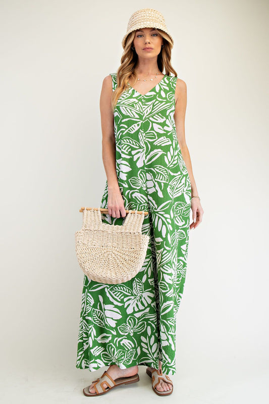 FINAL SALE Tropical Printed Knit Wide Leg Jumpsuit