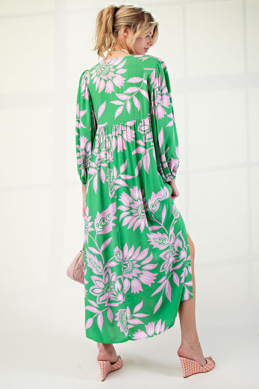 Charity Printed Maxi Dress in Pink and Green