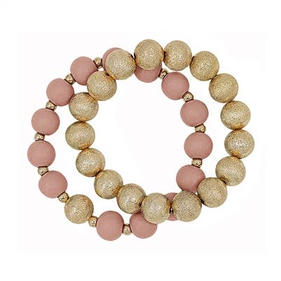 Gabbi Gold Textured Beaded & Pink Wood Bracelet Set