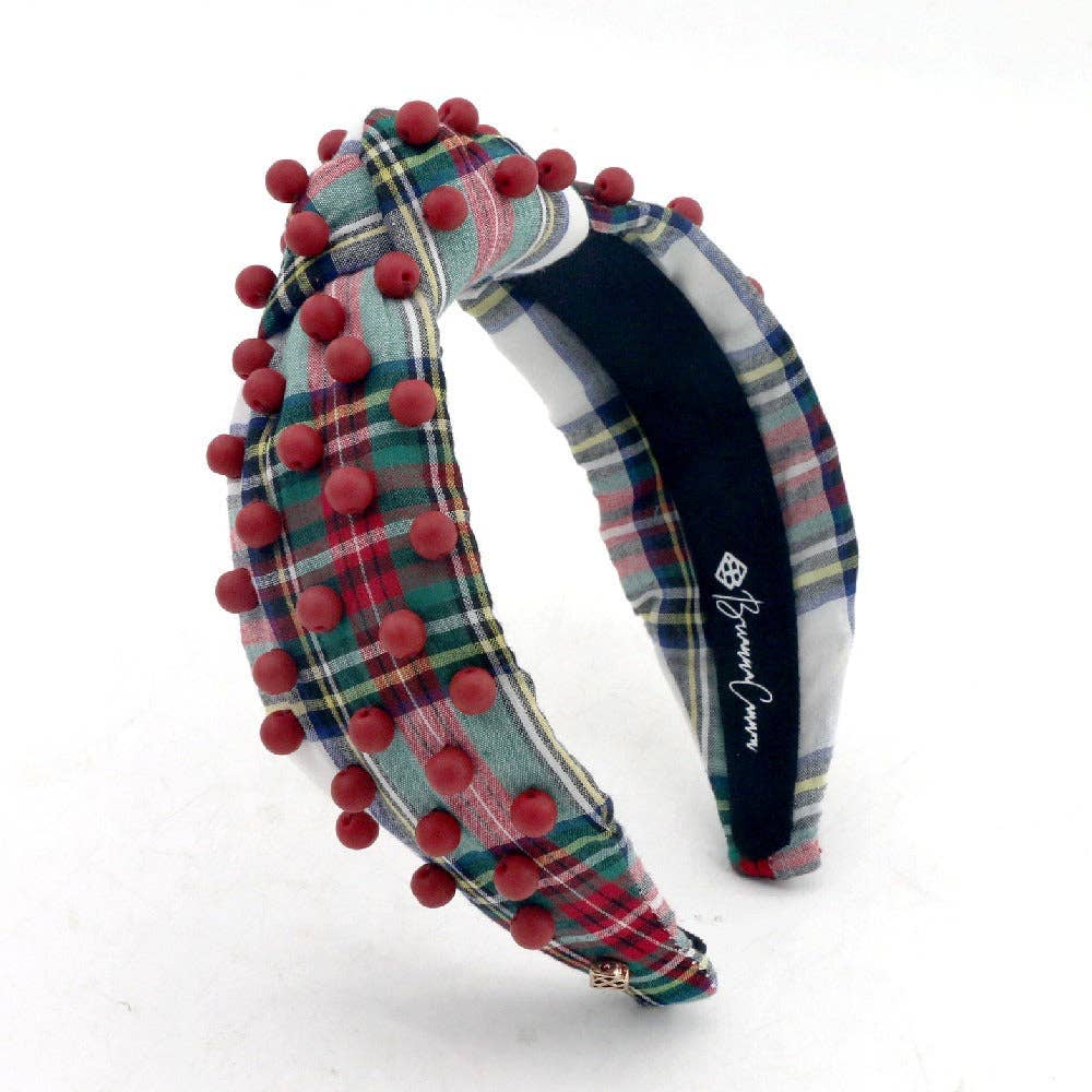 White Tartan Plaid Headband with Red Beads by Brianna Cannon
