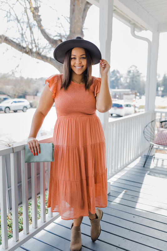 Curvy Racie Gray Smocked Midi Dress
