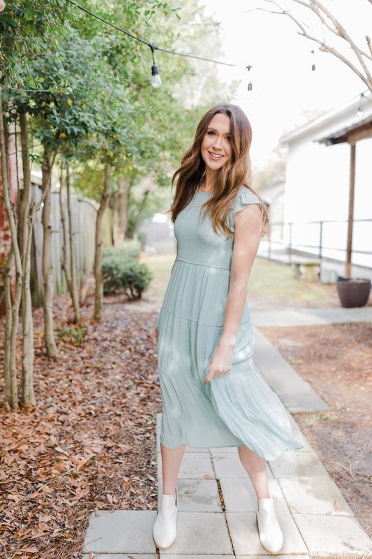 Racie Gray Smocked Midi Dress