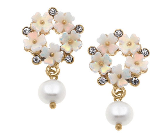 Jane Pearl & Rhinestone Flower Drop Earrings in Ivory