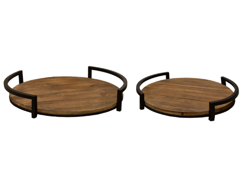 Round Wood Trays with Black Metal Frames
