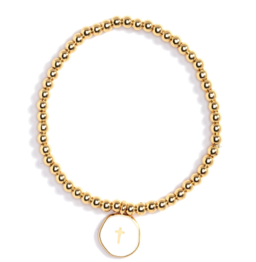 Charming and Understated Gold Ball Bracelet White Enamel Cross - Shoppe3130