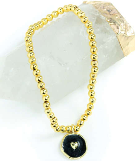 Charming and Understated Gold Ball Bracelet Gray Enamel Heart
