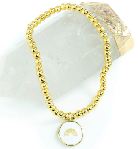 Charming and Understated Gold Ball Bracelet White Enamel Rainbow