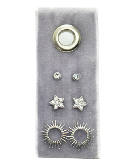 Earring Set on Velvet Set/3: cz - flower - sun, Silver