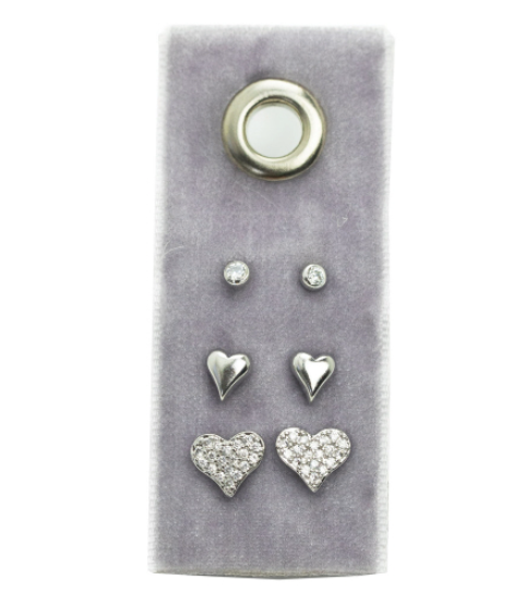 Earring Set on Velvet Set/3: cz - simple heart - pave heart, Silver