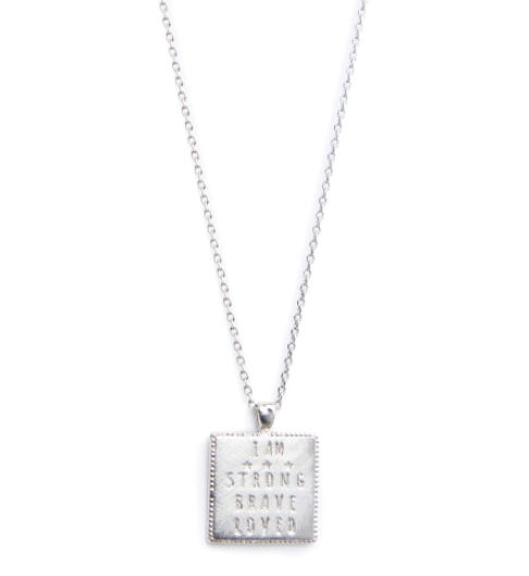 Strong Brave Loved Worded Necklace, Silver