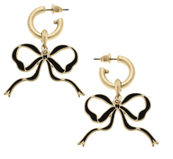 Veronica Game Day Bow Enamel Earrings in Black, 1.7" Length
