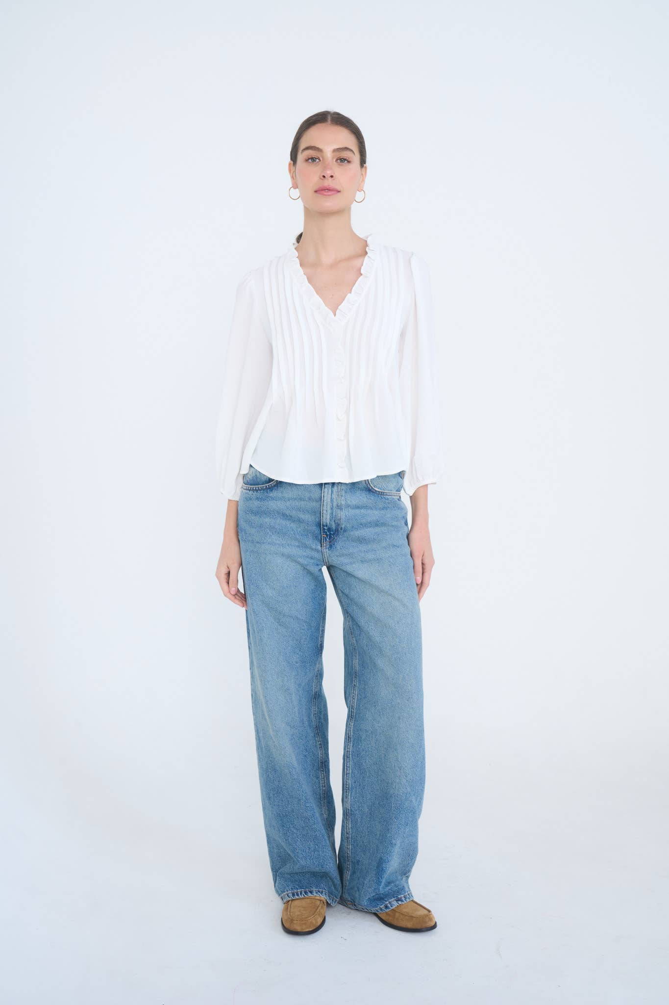 MINE - 3/4 SLEEVE RUFFLE TRIM PINTUCK DETAIL BLOUSE: LIGHT TERRACOTTA