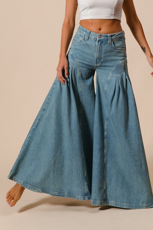 Famous for Pleated Flare Denim Pants