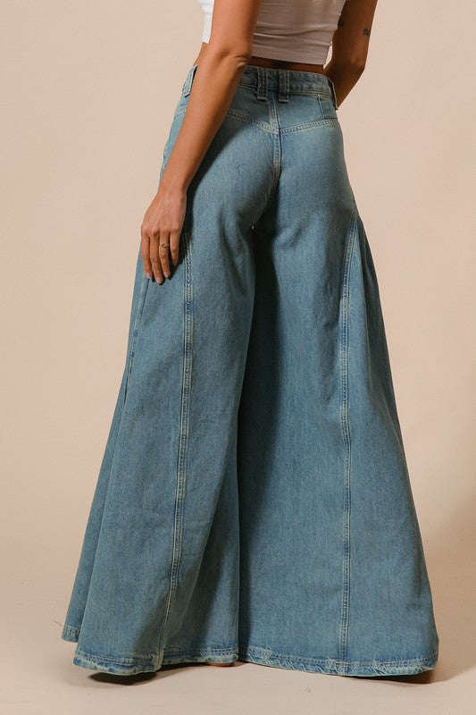 Famous for Pleated Flare Denim Pants