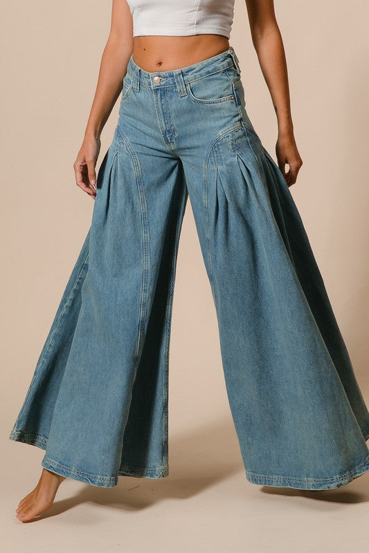 Famous for Pleated Flare Denim Pants