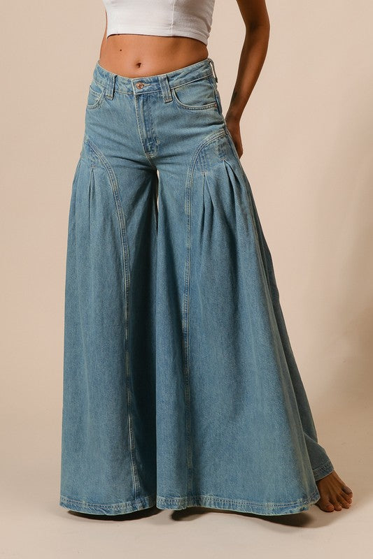 Famous for Pleated Flare Denim Pants