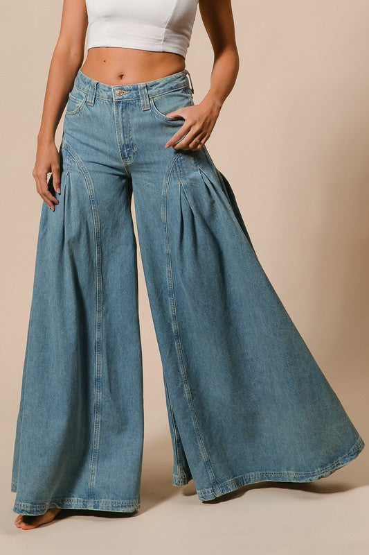 Famous for Pleated Flare Denim Pants