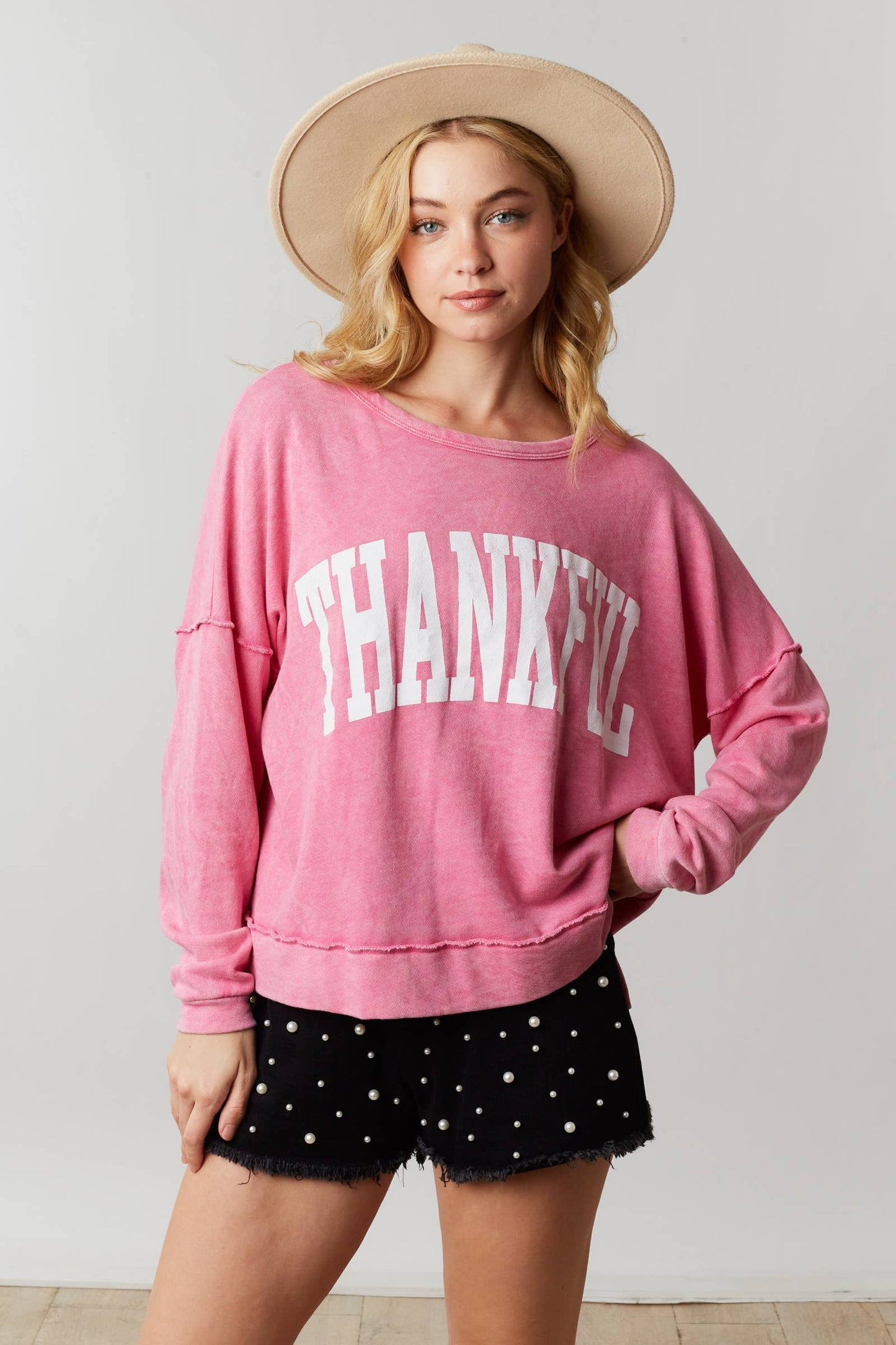 FINAL SALE Thankful Print Washed Cozy Top