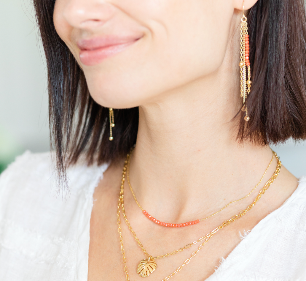 Splendid Iris - Delicate Crystal Accented Necklace: Coral