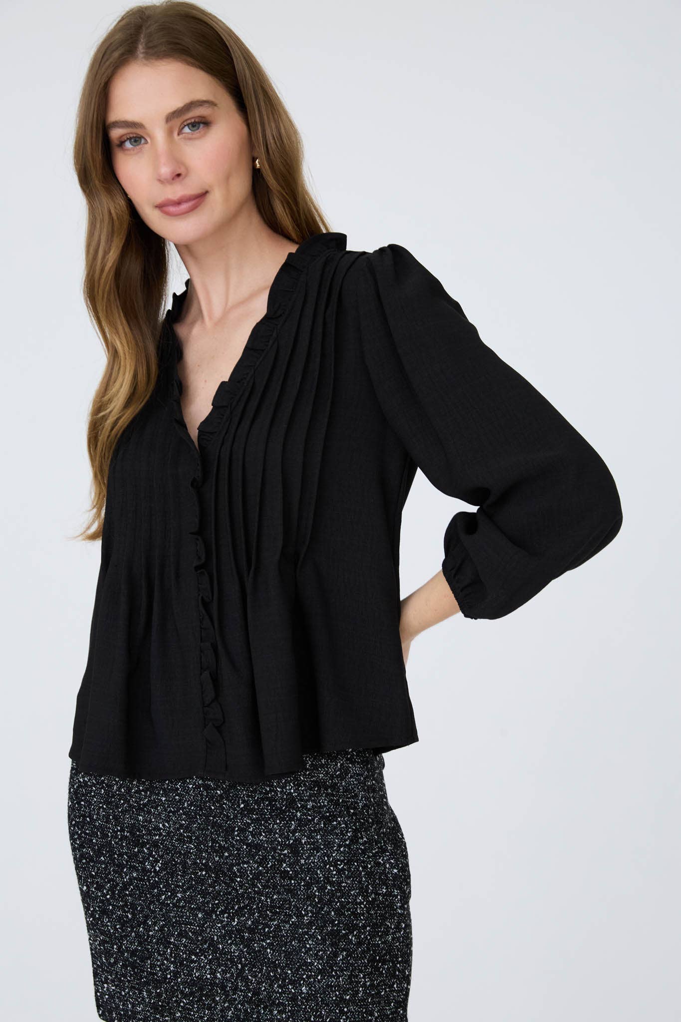 MINE - 3/4 SLEEVE RUFFLE TRIM PINTUCK DETAIL BLOUSE: LIGHT TERRACOTTA