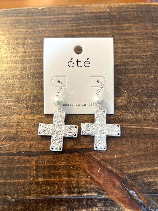 Silver Mercy Pearl Cross Drop Earrings - Shoppe3130